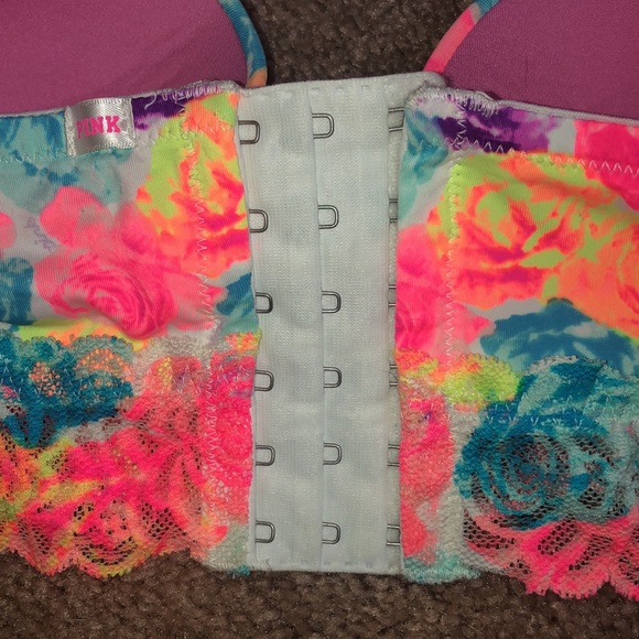 Pink Victoria’s Secret bustier colorful strapless bra lacey rainbow floral 34B - Picture 6 of 10